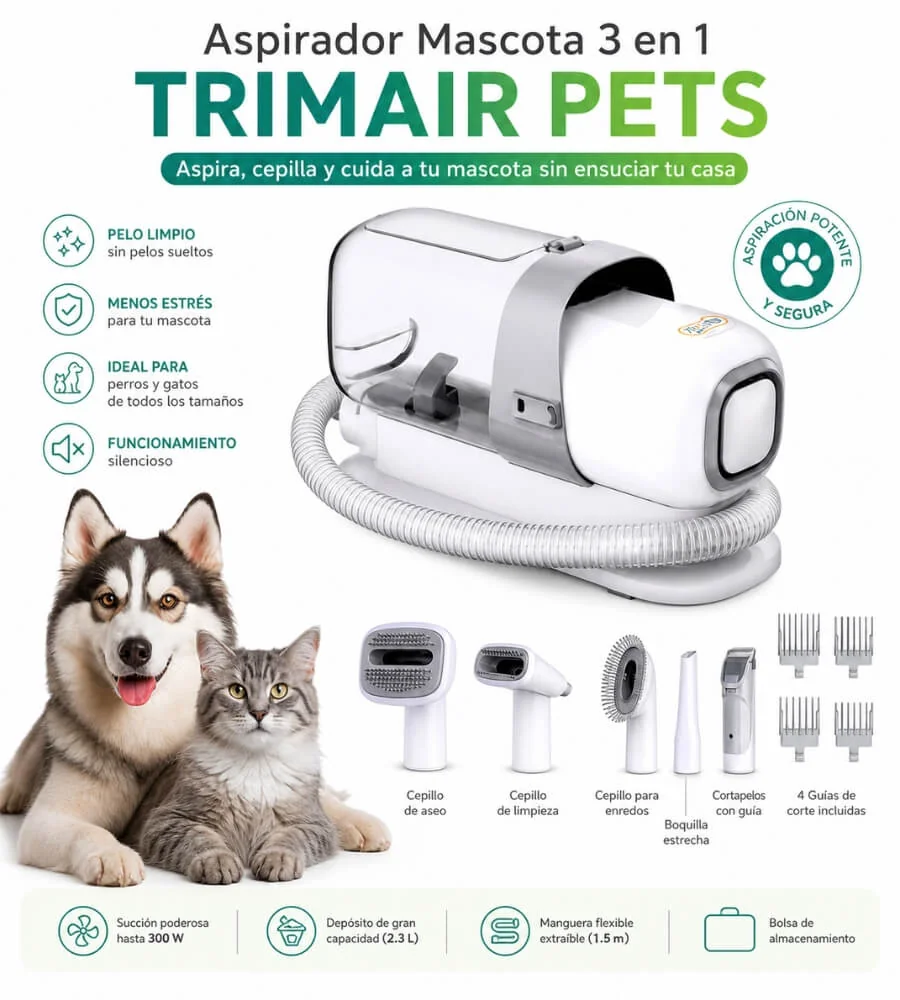 Aspirador Mascota 3 en 1 — Funcionamiento silencioso bajo estrés animal