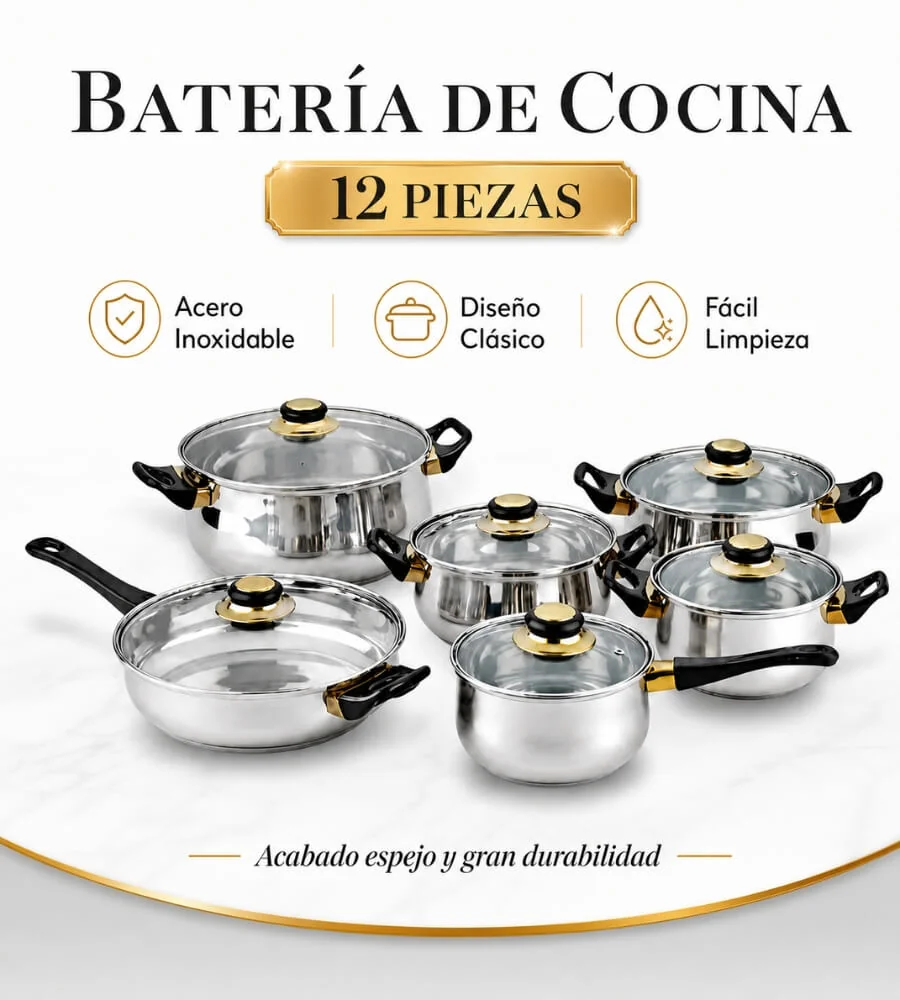 Batería de Acero Inoxidable — Material premium y acabado espejo