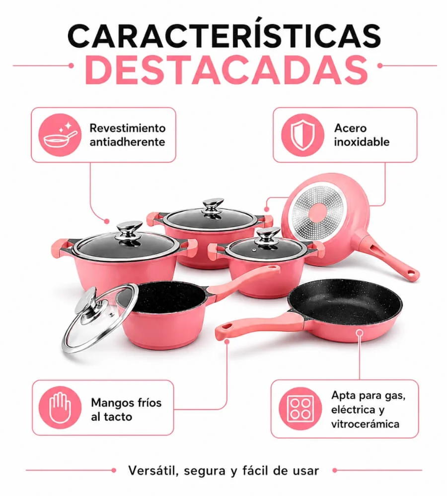 Batería Rosa — Tapas de vidrio templado y mangos ergonómicos
