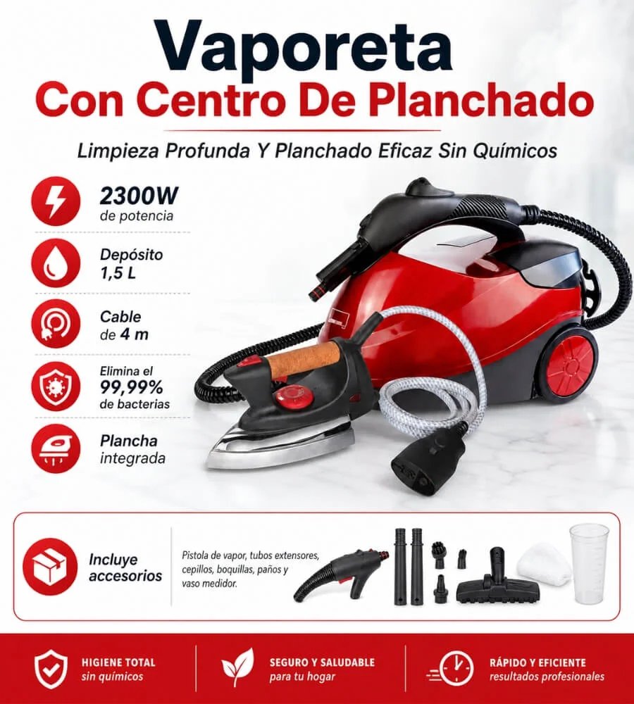 Vaporeta Centro Planchado — Limpieza profunda sin químicos suelos alfombras cristales