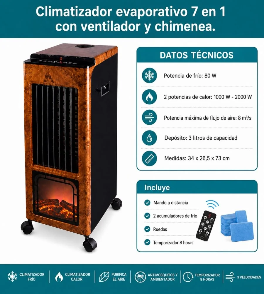Climatizador 7 en 1 — Portátil ruedas temporizador mando distancia compacto