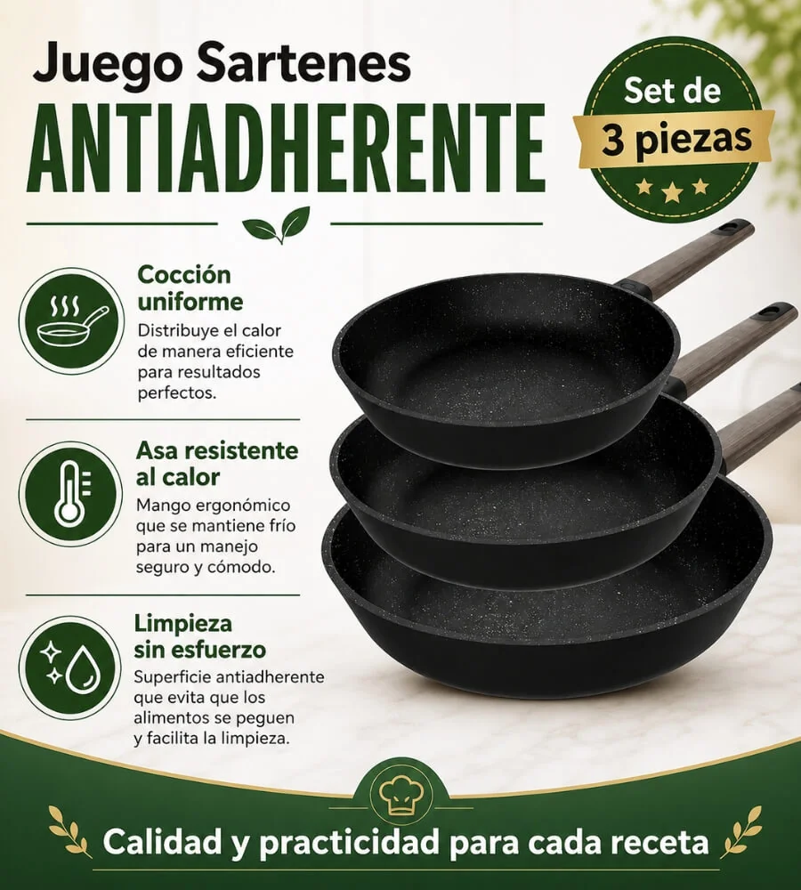 Sartenes Antiadherente Negro — Distribución térmica uniforme y asa ergonómica