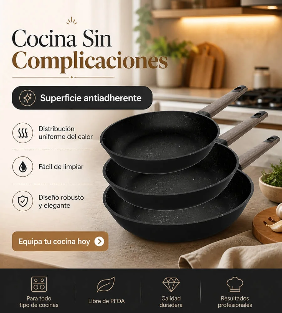Sartenes Antiadherente Negro — Tapa vapor y versatilidad de uso