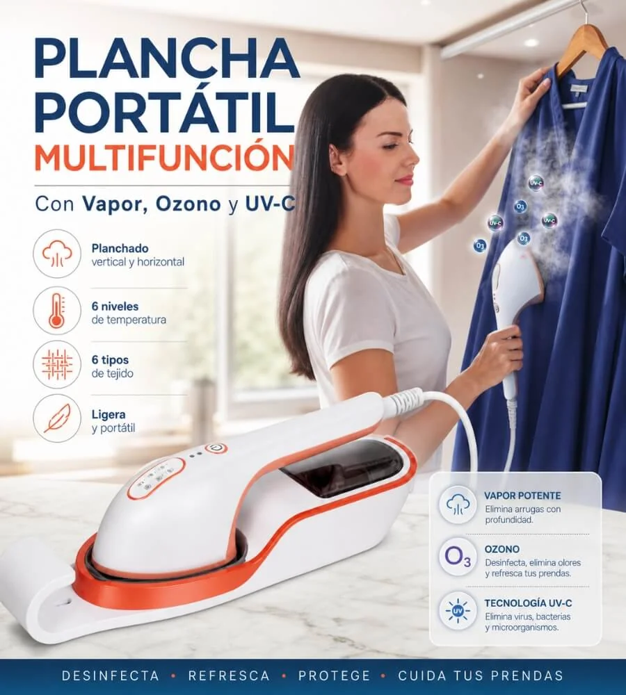 Plancha Portátil — Emisión de Vapor con Ozono desinfección textil