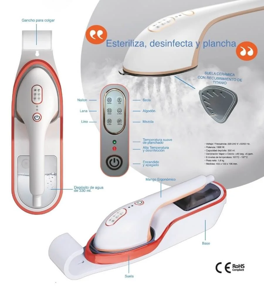 Plancha Portátil — Diseño compacto ligero mango ergonómico base gancho
