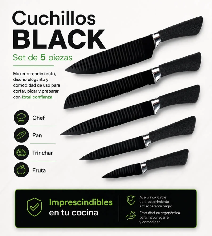 Set Cuchillos Black — Empuñadura ergonómica revestida agarre y manejabilidad