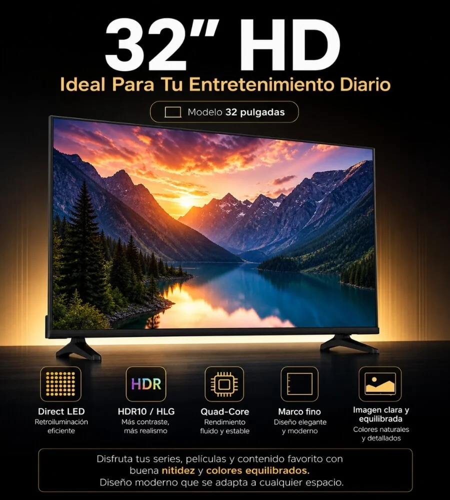 TV SMARTLINE 32 HD — diseño pantalla plana marco fino negro versatilidad