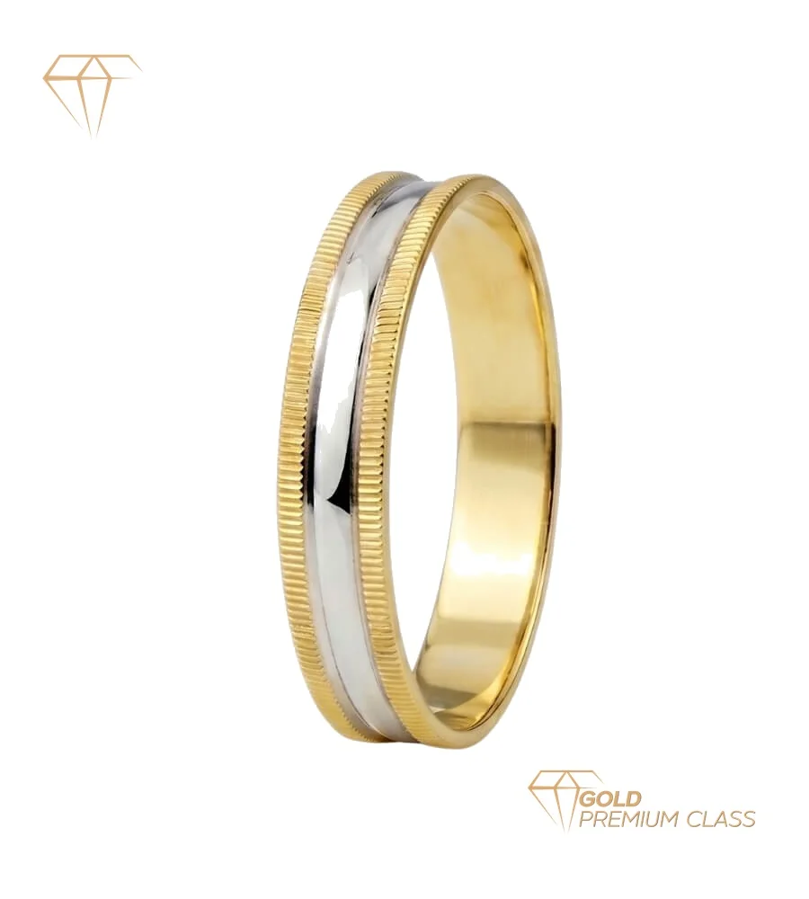 Alianza Compromiso Oro Bicolor 18k 4mm Bandas Talladas Centro Liso