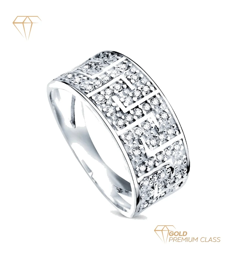 Anillo Grecia Oro Blanco 9k Diseño Greca con Circonitas 9mm