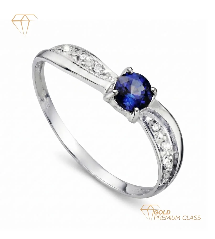Anillo Lujo Zafiro Oro Blanco 18k — Solitario Zafiro 4mm Pavé Circonitas
