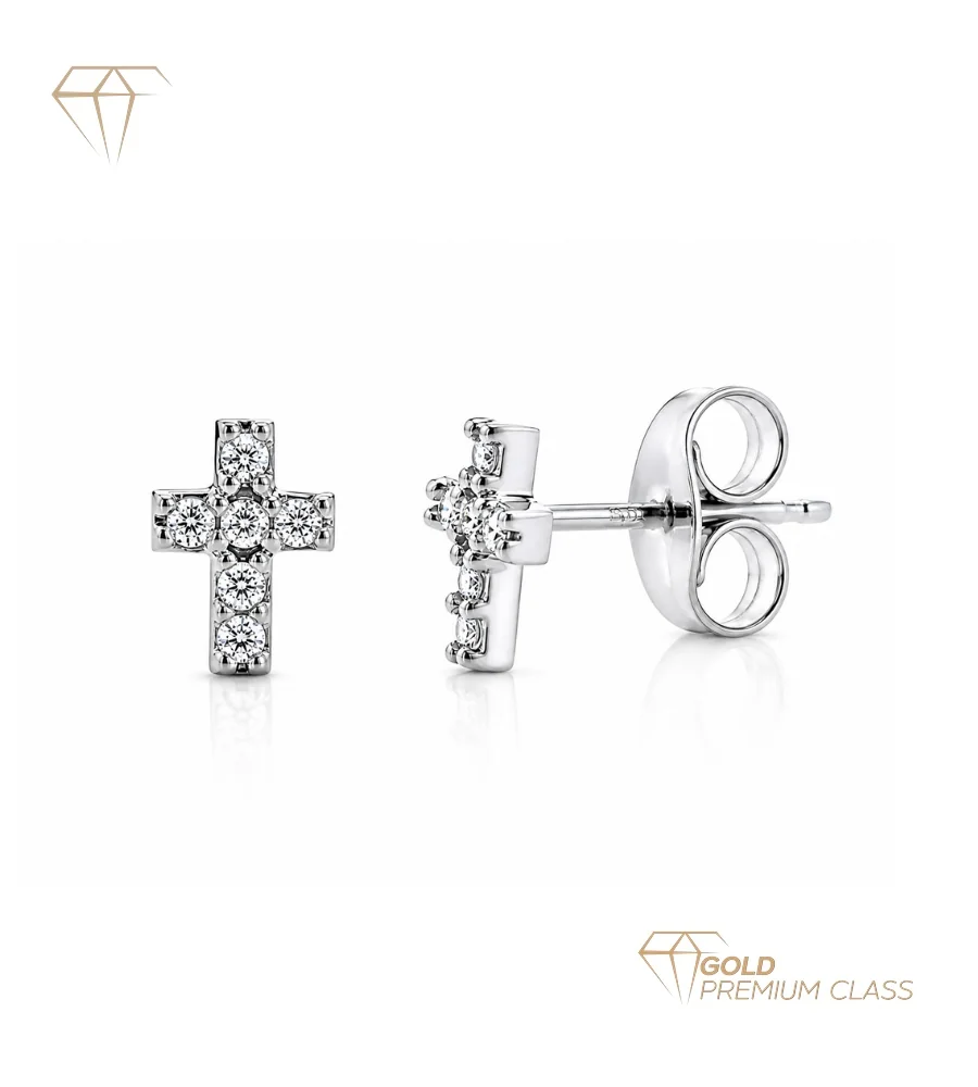 Pendientes Cruz Eterna Oro Blanco 9k Diamantes 0,06cts 6x4mm