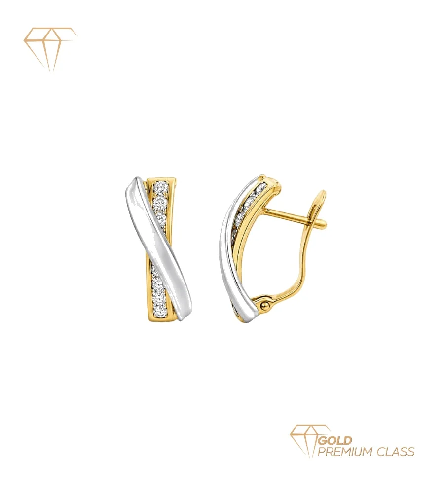 Pendientes Entrelazados Oro Bicolor 9k Bandas Cruzadas Circonita 18×8mm