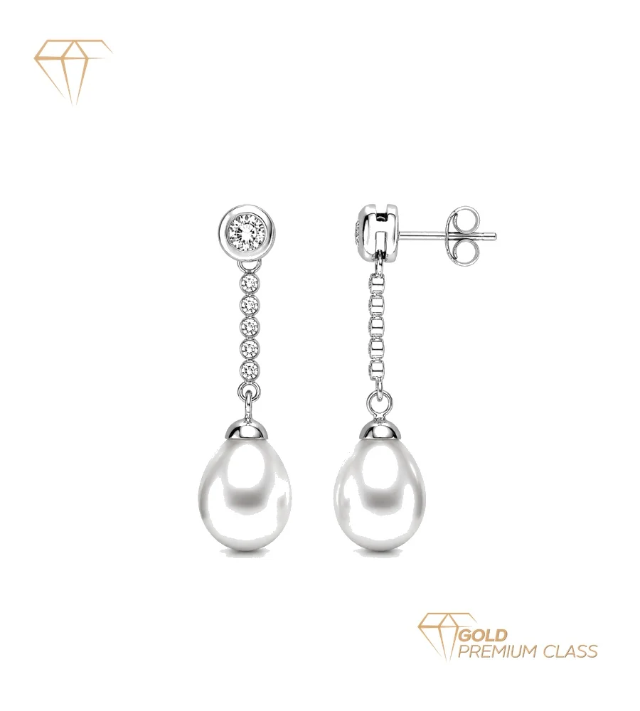 Pendientes Perla Blanca Oro 18k Chatón Circonita 30×8mm